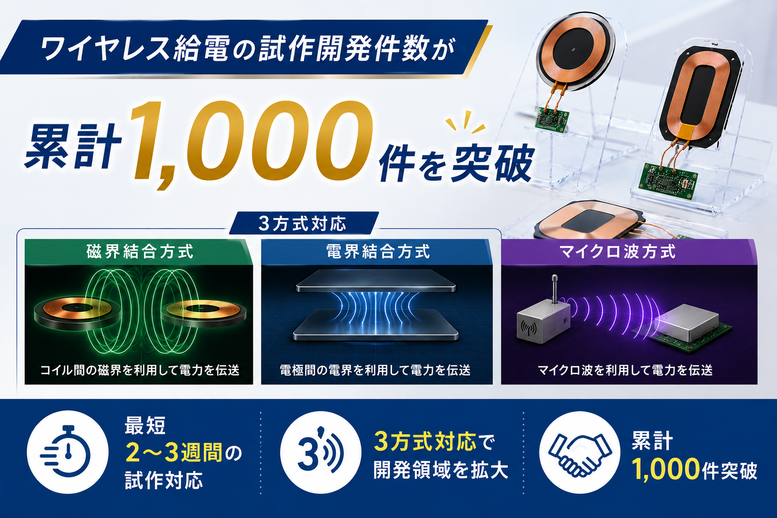 ワイヤレス給電の試作開発件数が累計1,000件を突破～最短2～3週間の試作対応と、3方式対応で開発領域を拡大～